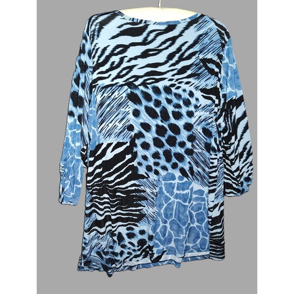 Susan Graver Blue Leopard V-neck 3/4 Sleeve Tunic - Size 1x - Picture 2 of 3